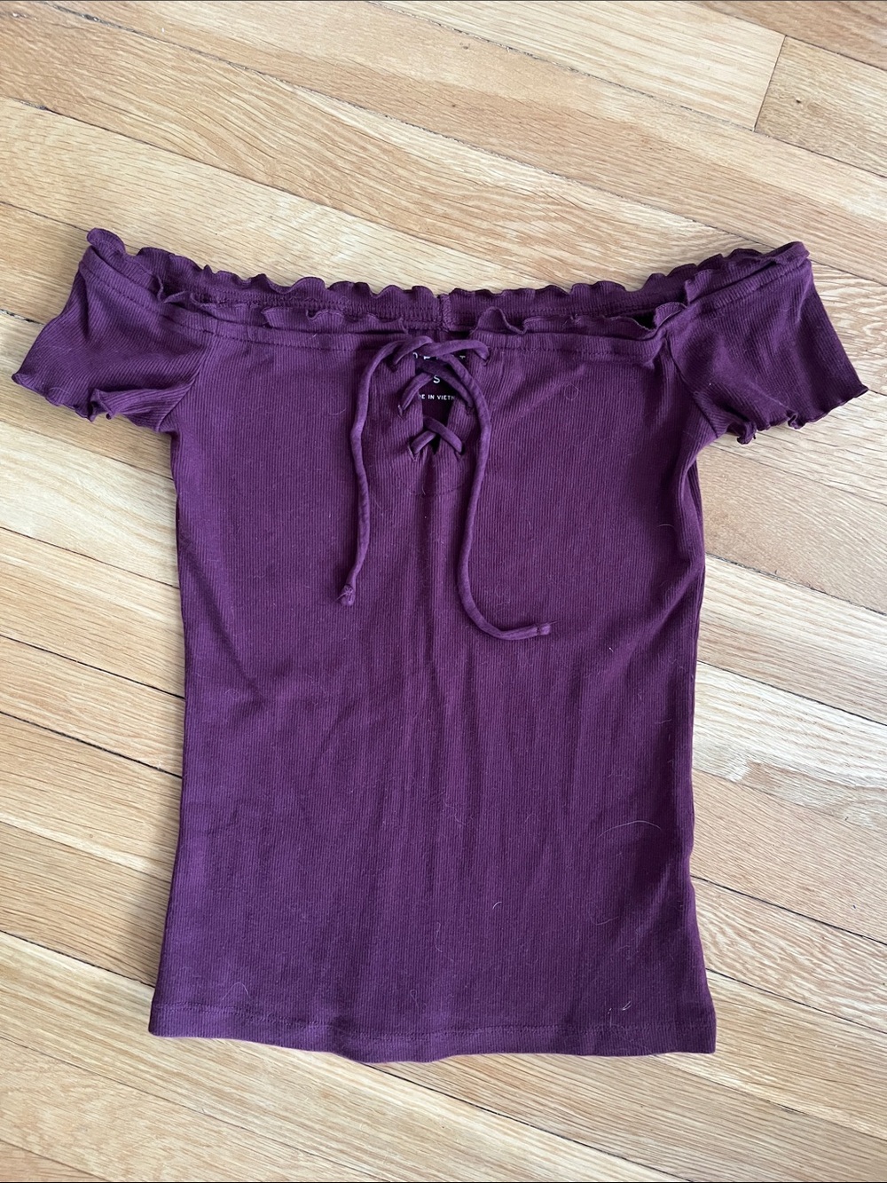 Off-Shoulder Lace-Up Ribbed Top in Deep Plum